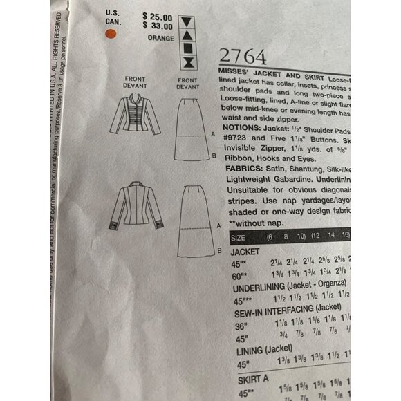 Vogue Misses Jacket Skirt Sewing Pattern 2764 Sz 18 - 22 Uncut - Picture 5 of 9
